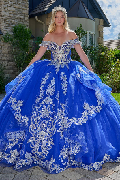 Embellished Off Shoulder Straps Cascading Waist Ruffle Train Gown With Detachable Bow