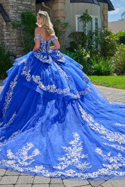 Embellished Off Shoulder Straps Cascading Waist Ruffle Train Gown With Detachable Bow