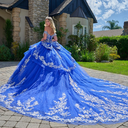 Embellished Off Shoulder Straps Cascading Waist Ruffle Train Gown With Detachable Bow