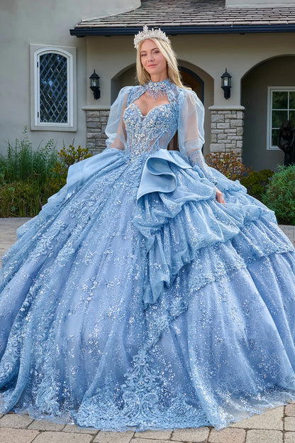Strapless Bodice Satin Waist Ruffle Layered Bubble Hem Train Gown With Matching Long Sleeved Bolero
