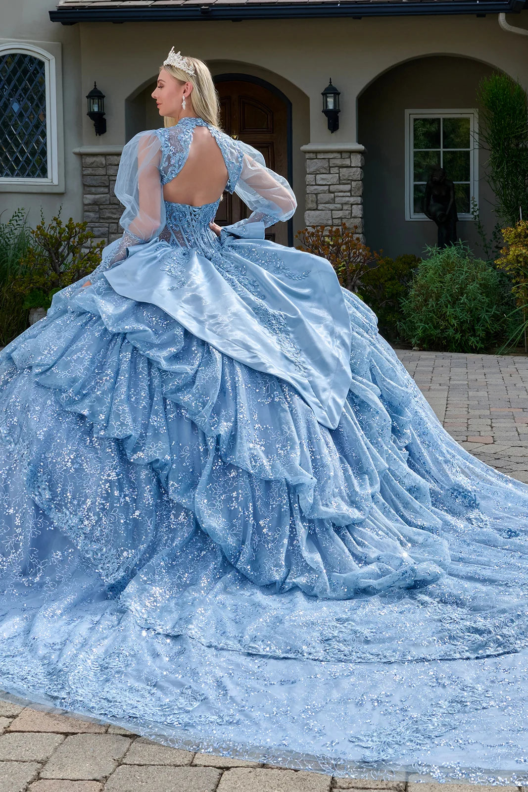 Strapless Bodice Satin Waist Ruffle Layered Bubble Hem Train Gown With Matching Long Sleeved Bolero