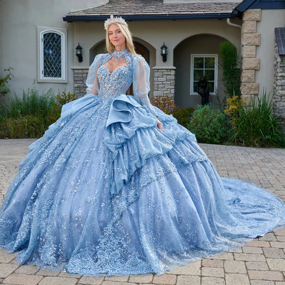 Strapless Bodice Satin Waist Ruffle Layered Bubble Hem Train Gown With Matching Long Sleeved Bolero