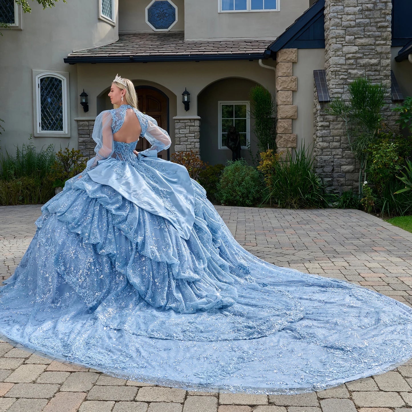 Strapless Bodice Satin Waist Ruffle Layered Bubble Hem Train Gown With Matching Long Sleeved Bolero