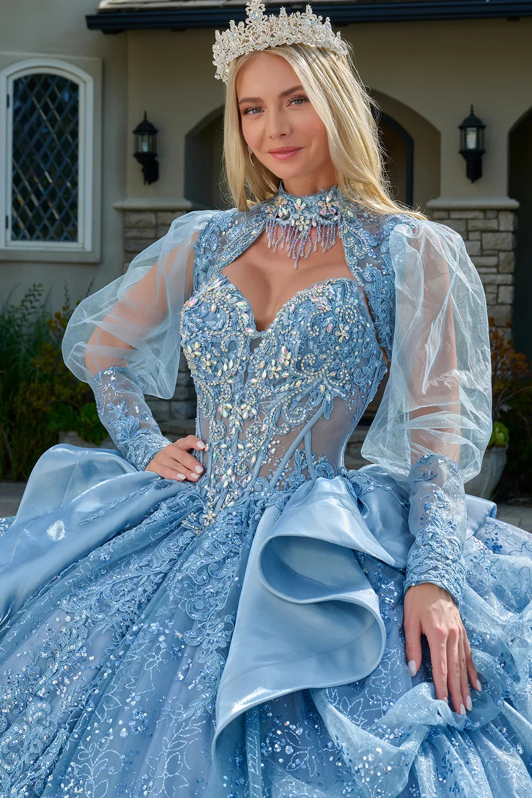 Strapless Bodice Satin Waist Ruffle Layered Bubble Hem Train Gown With Matching Long Sleeved Bolero