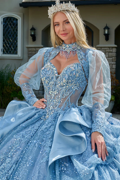 Strapless Bodice Satin Waist Ruffle Layered Bubble Hem Train Gown With Matching Long Sleeved Bolero