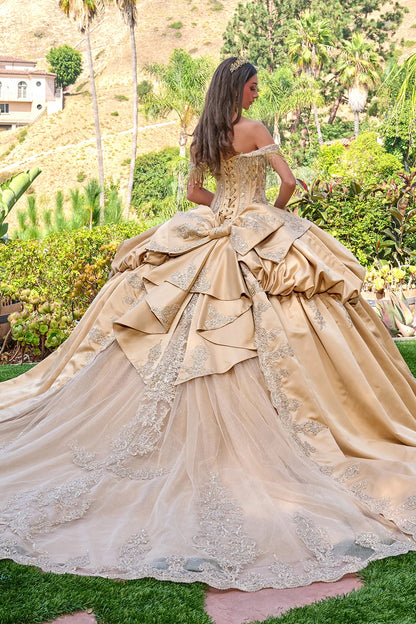 Dangling Jewels Off Shoulder Straps Corset Cover Satin Bubble Hem Overskirt Gown With Detachable Bow