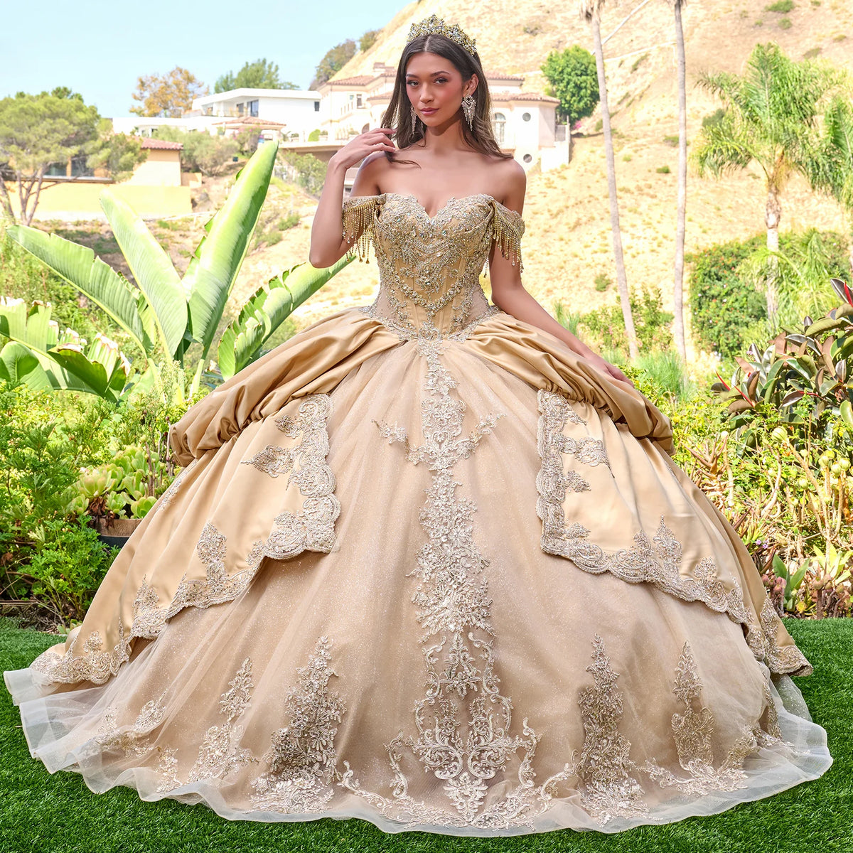 Dangling Jewels Off Shoulder Straps Corset Cover Satin Bubble Hem Overskirt Gown With Detachable Bow