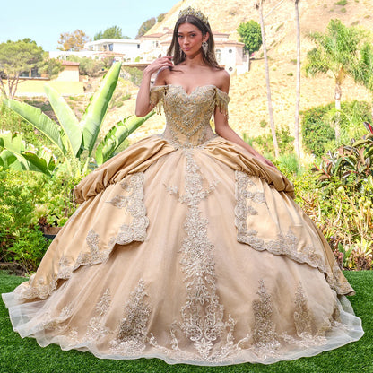 Dangling Jewels Off Shoulder Straps Corset Cover Satin Bubble Hem Overskirt Gown With Detachable Bow