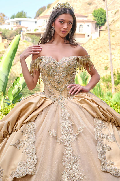 Dangling Jewels Off Shoulder Straps Corset Cover Satin Bubble Hem Overskirt Gown With Detachable Bow