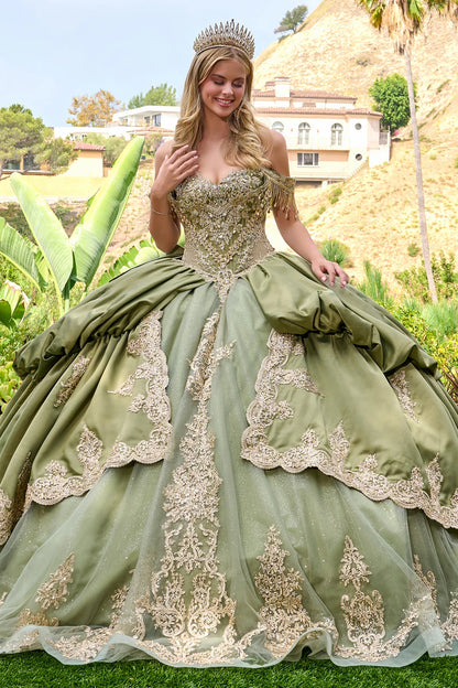 Dangling Jewels Off Shoulder Straps Corset Cover Satin Bubble Hem Overskirt Gown With Detachable Bow