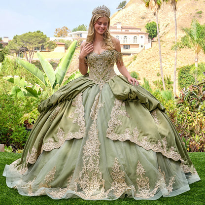Dangling Jewels Off Shoulder Straps Corset Cover Satin Bubble Hem Overskirt Gown With Detachable Bow