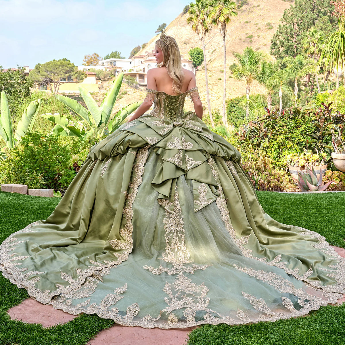 Dangling Jewels Off Shoulder Straps Corset Cover Satin Bubble Hem Overskirt Gown With Detachable Bow