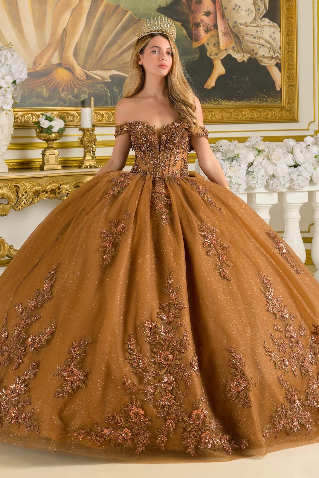 Embellished Fold Over Off Shoulder Corset Bodice Train Ball Gown With Detachable Back Bow