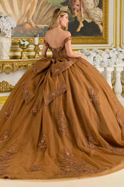 Embellished Fold Over Off Shoulder Corset Bodice Train Ball Gown With Detachable Back Bow