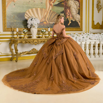 Embellished Fold Over Off Shoulder Corset Bodice Train Ball Gown With Detachable Back Bow