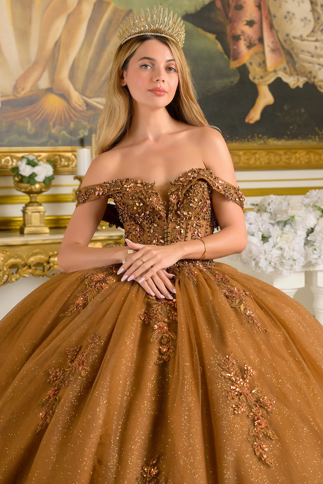 Embellished Fold Over Off Shoulder Corset Bodice Train Ball Gown With Detachable Back Bow