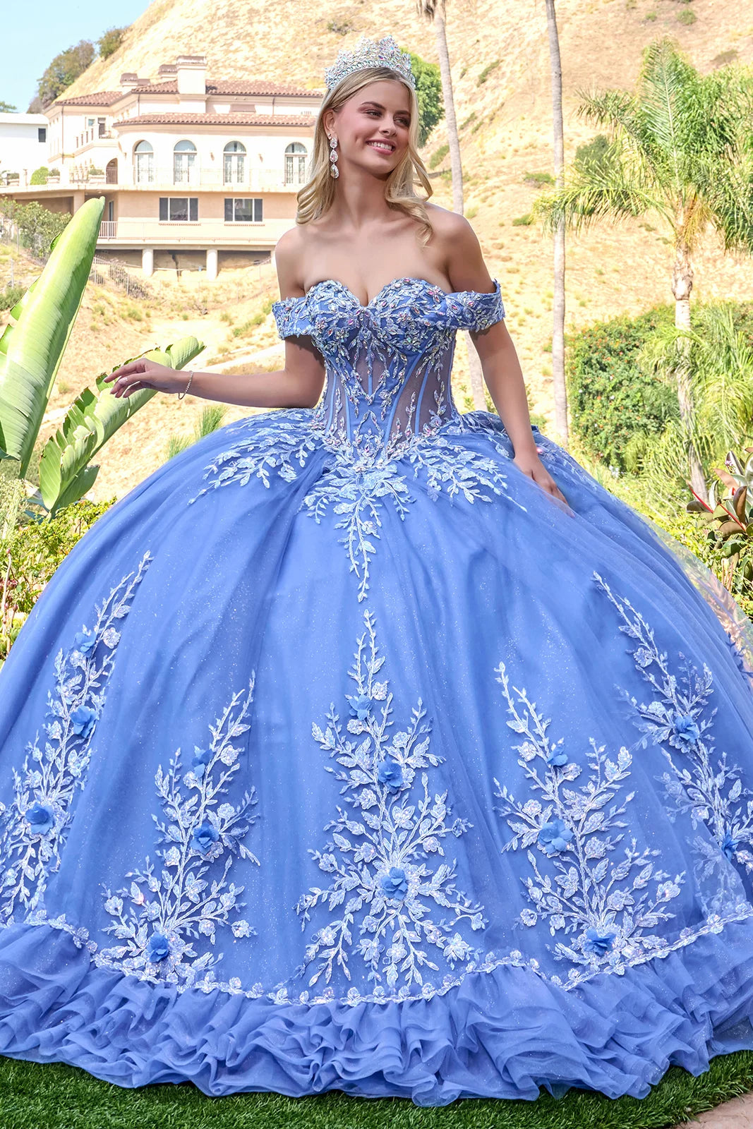 Off Shoulder Straps 3d Flower Appliqu Train Gown With Detachable Back Bow Mini Ruffle Layered Hem