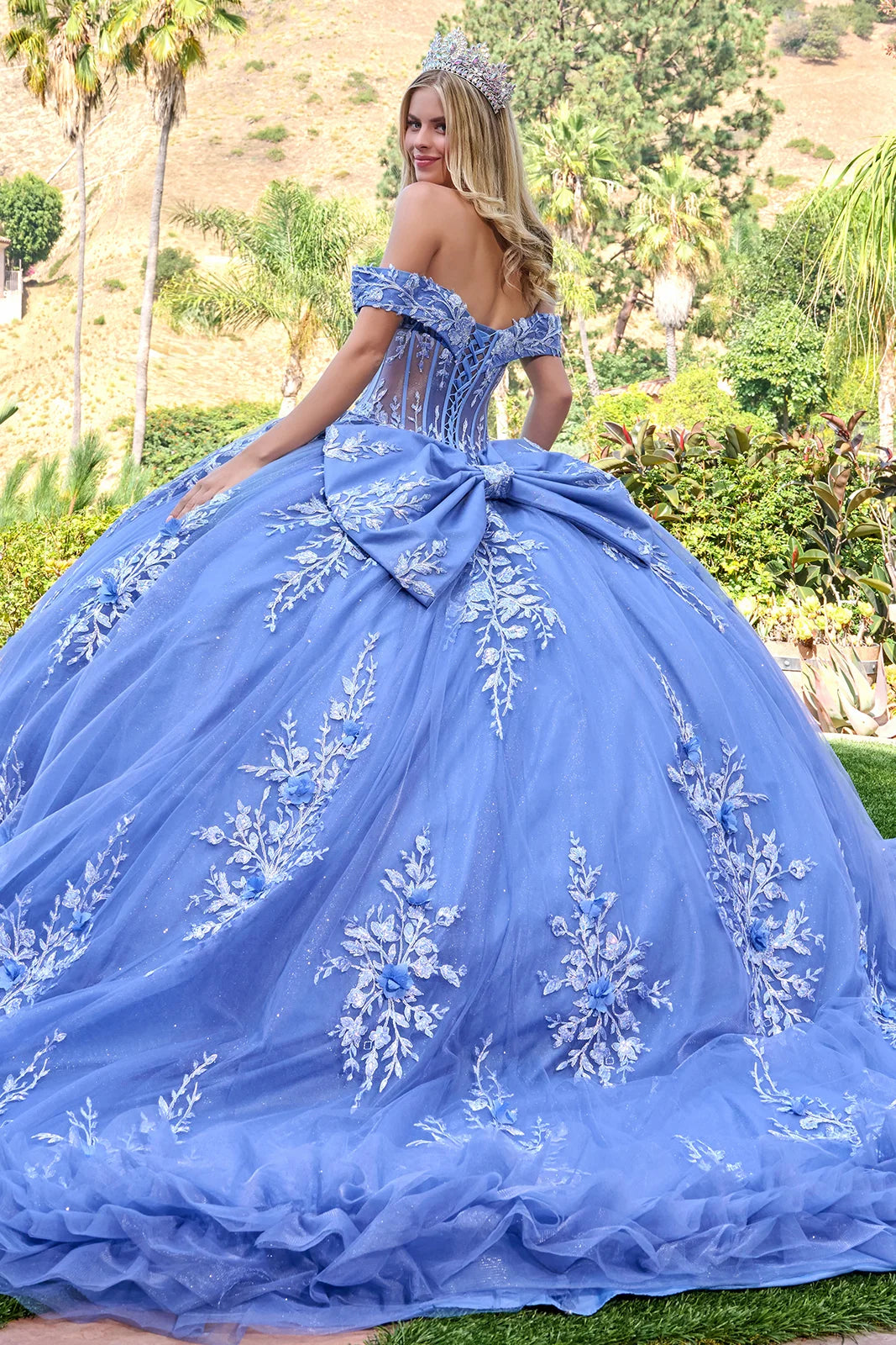 Off Shoulder Straps 3d Flower Appliqu Train Gown With Detachable Back Bow Mini Ruffle Layered Hem