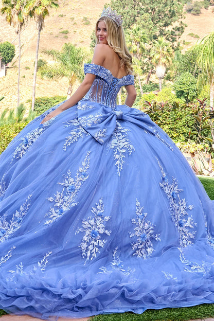 Off Shoulder Straps 3d Flower Appliqu Train Gown With Detachable Back Bow Mini Ruffle Layered Hem