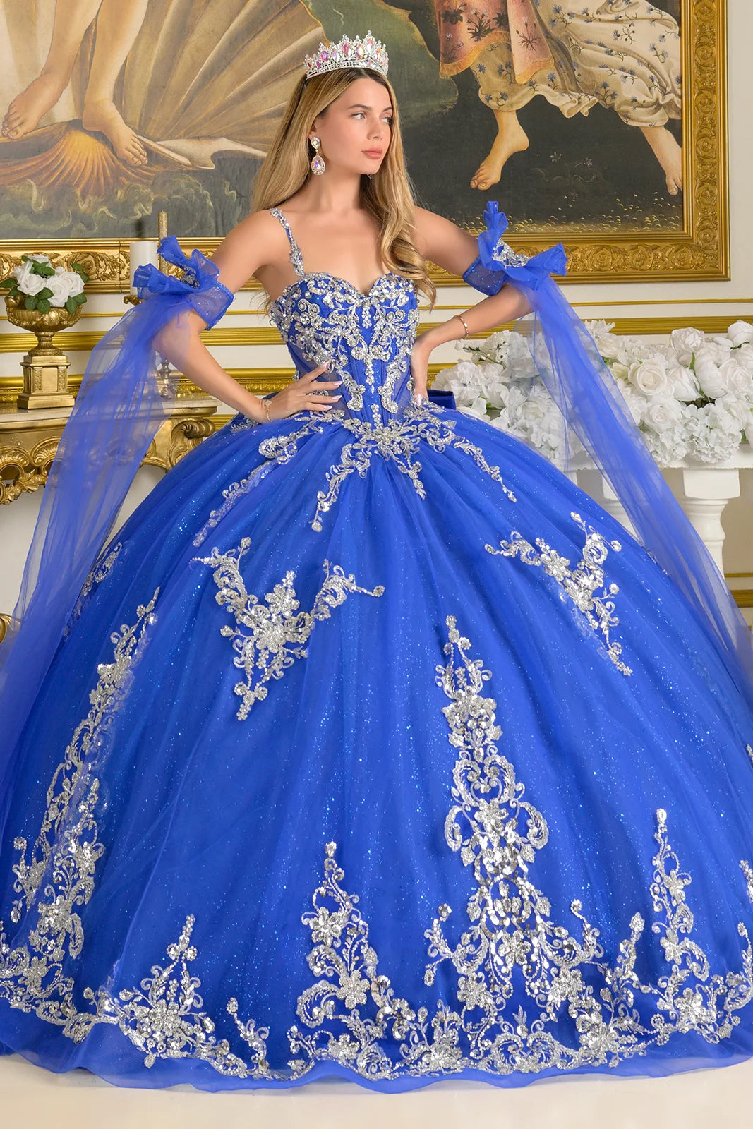 Embellished Thin Straps Detached Cuff Sleeves With Train Ball Gown Train With Detachable Bow