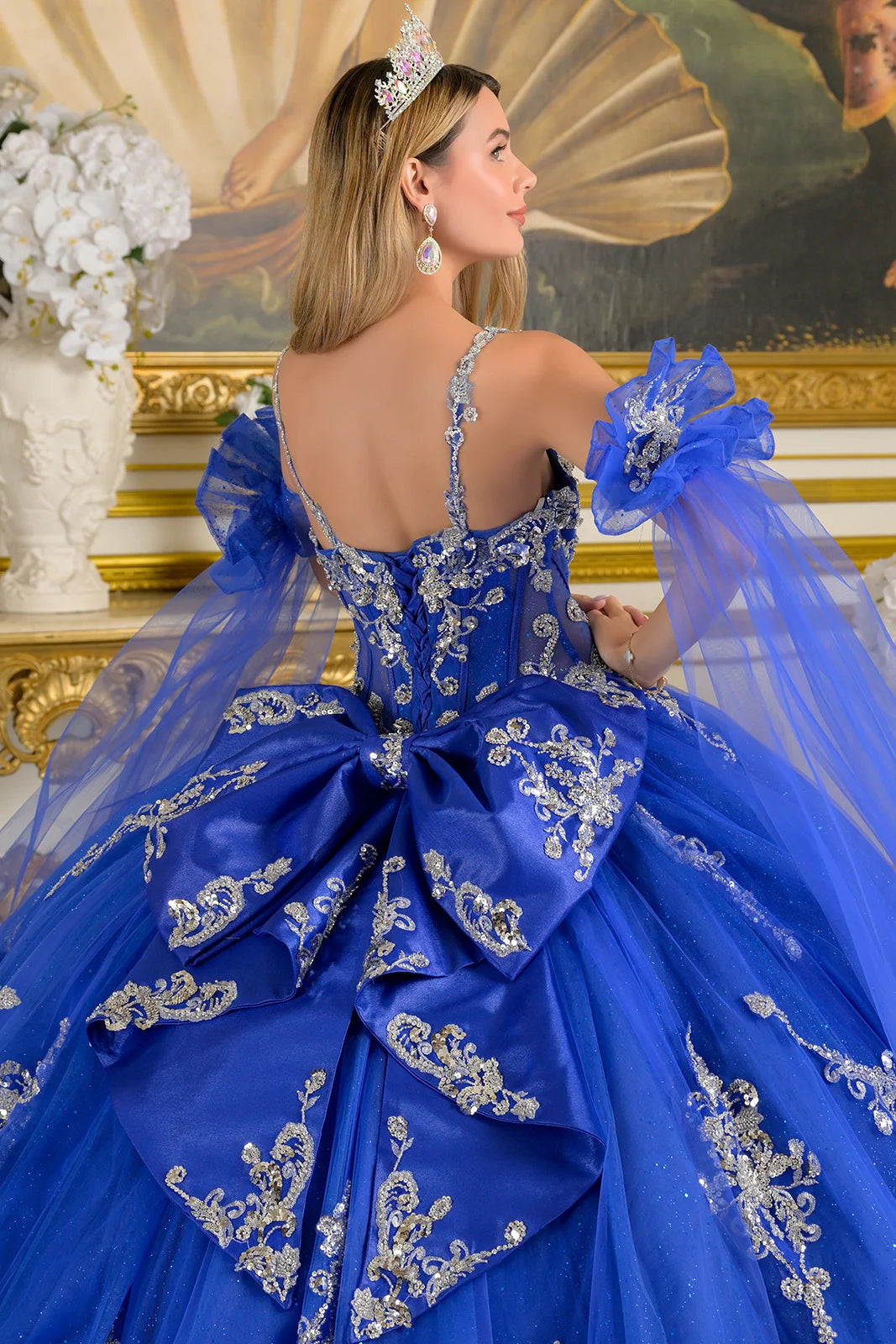 Embellished Thin Straps Detached Cuff Sleeves With Train Ball Gown Train With Detachable Bow
