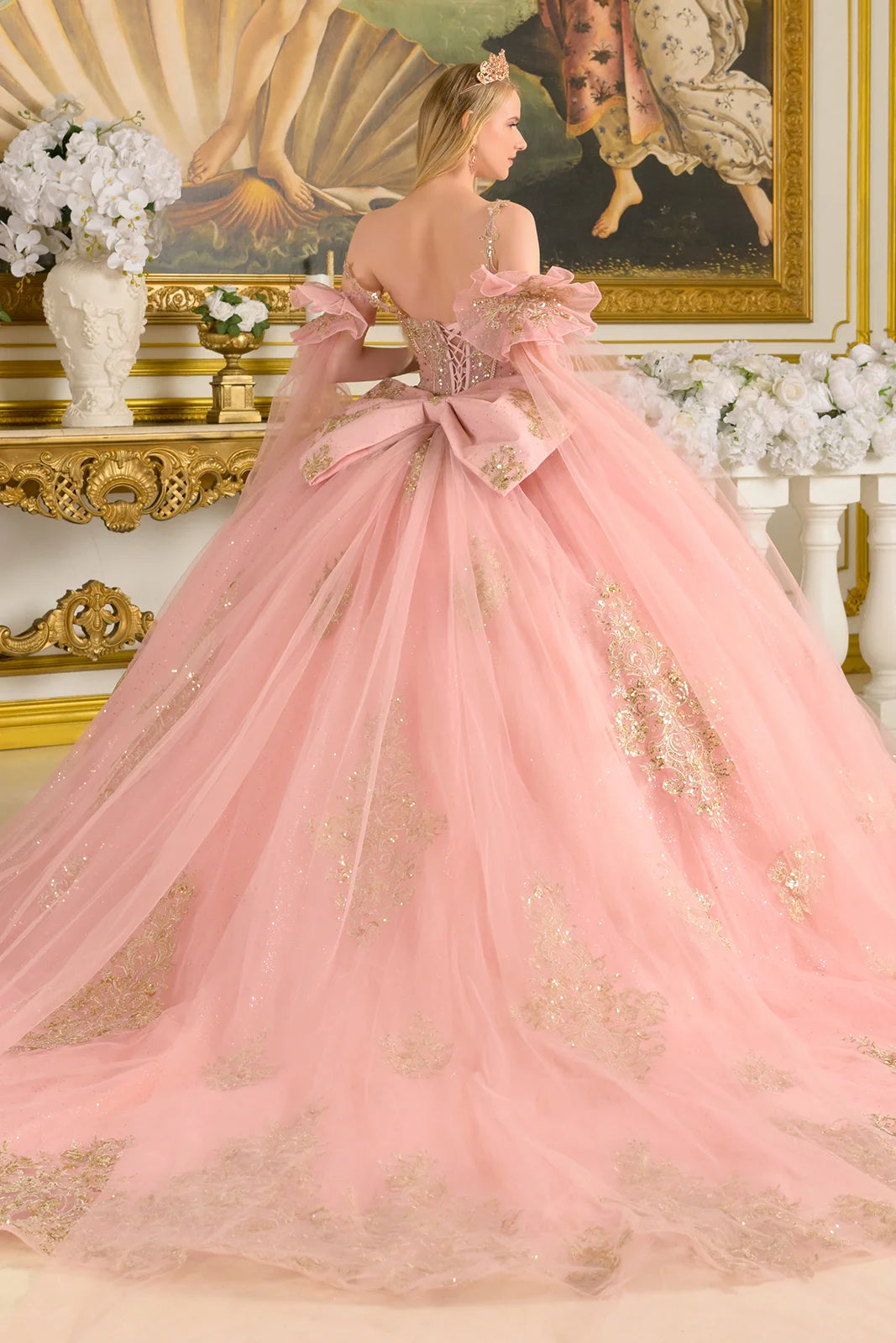 Spaghetti Straps Ruched Bodice Gown With Detachable Bow And Matching Detached Cuff Cape Sleeves