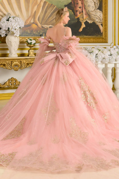 Spaghetti Straps Ruched Bodice Gown With Detachable Bow And Matching Detached Cuff Cape Sleeves