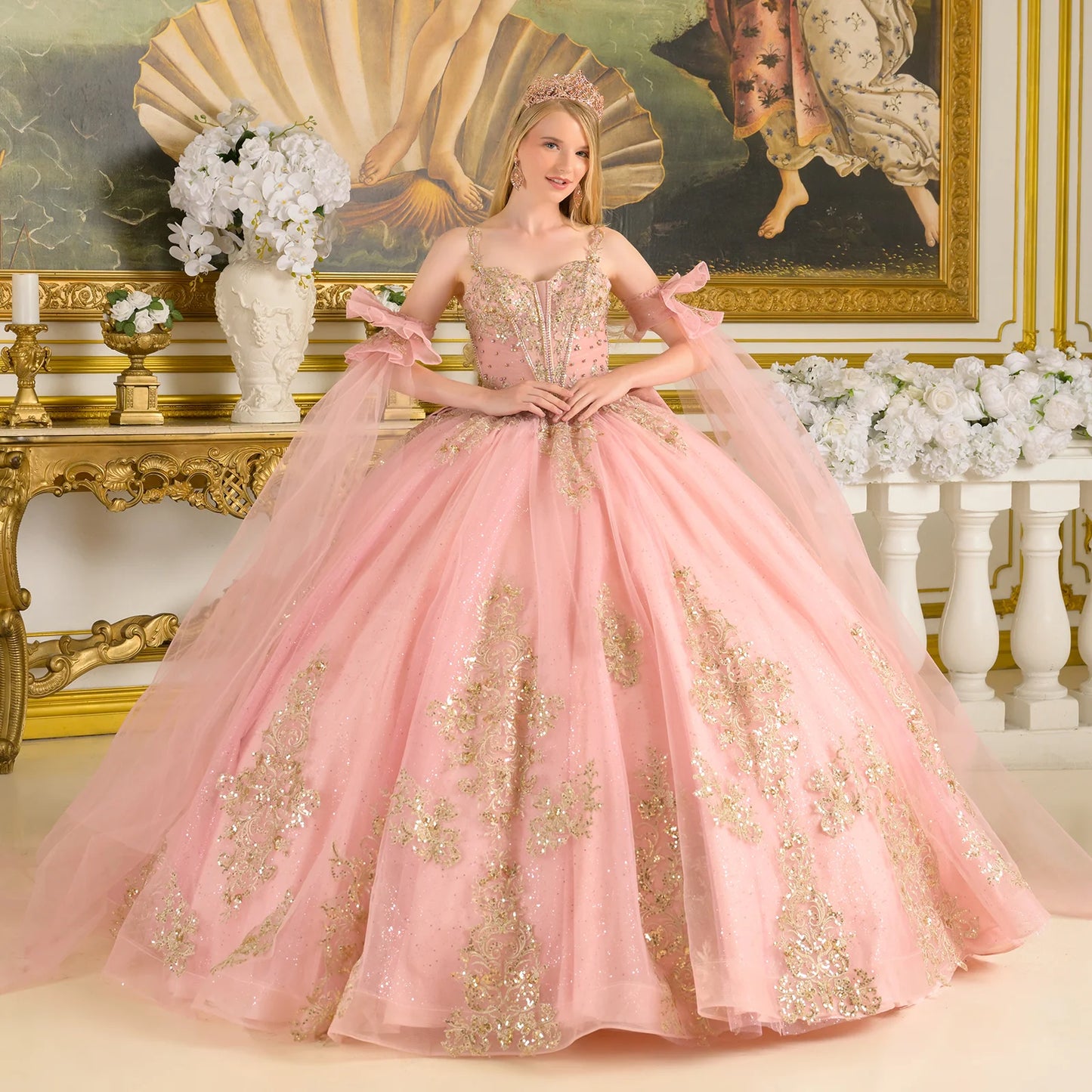 Spaghetti Straps Ruched Bodice Gown With Detachable Bow And Matching Detached Cuff Cape Sleeves