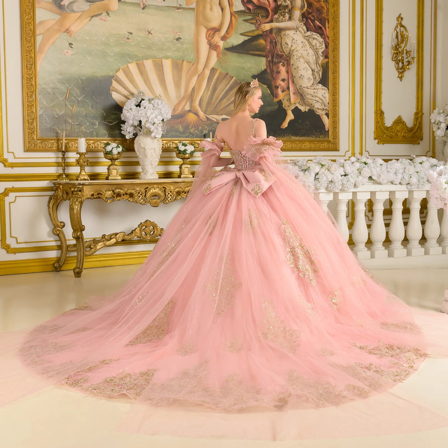 Spaghetti Straps Ruched Bodice Gown With Detachable Bow And Matching Detached Cuff Cape Sleeves