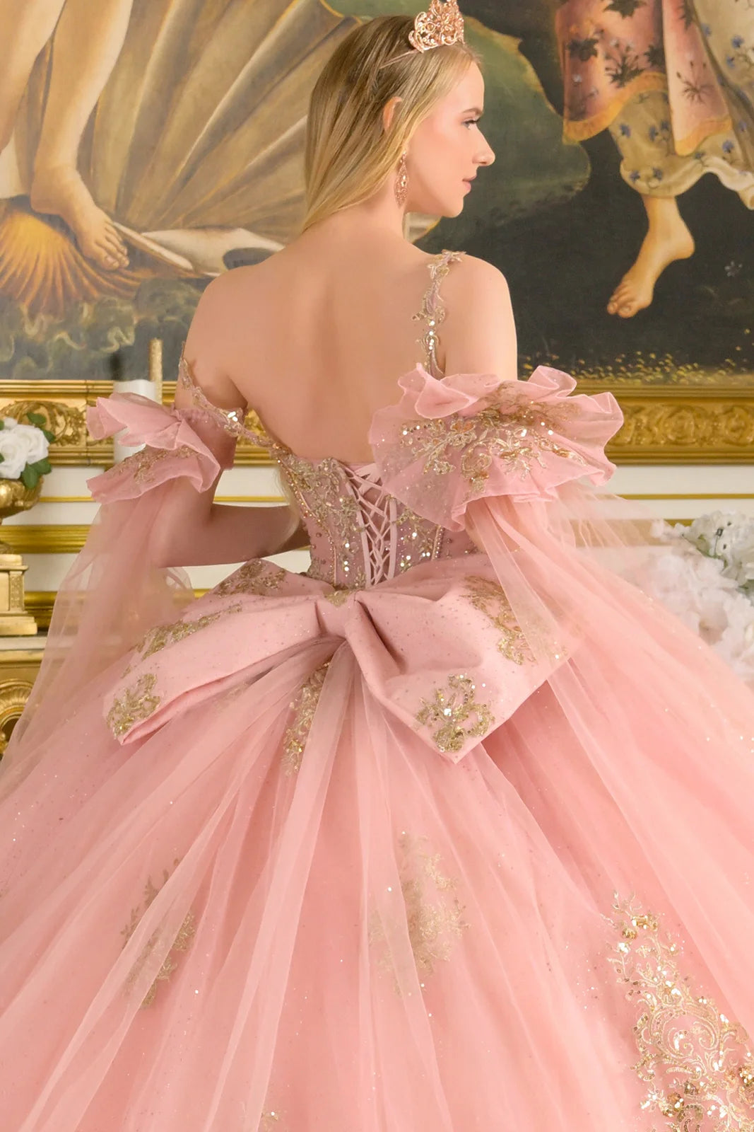 Spaghetti Straps Ruched Bodice Gown With Detachable Bow And Matching Detached Cuff Cape Sleeves