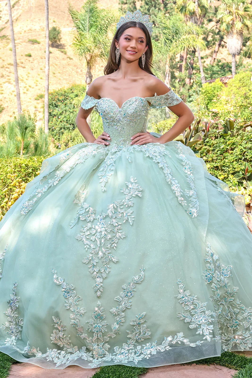 Off Shoulder V Neckline Corset Bodice Cascading Waist Ruffles Train Gown With Detachable Back Bow