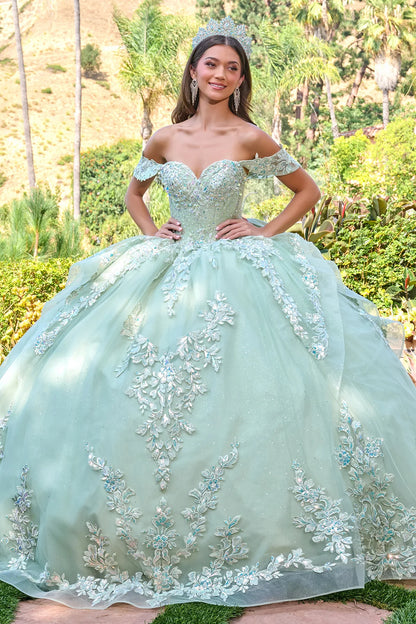 Off Shoulder V Neckline Corset Bodice Cascading Waist Ruffles Train Gown With Detachable Back Bow