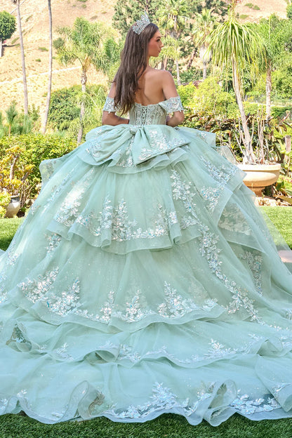 Off Shoulder V Neckline Corset Bodice Cascading Waist Ruffles Train Gown With Detachable Back Bow