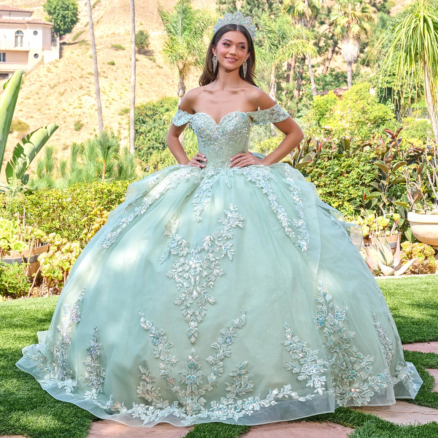 Off Shoulder V Neckline Corset Bodice Cascading Waist Ruffles Train Gown With Detachable Back Bow
