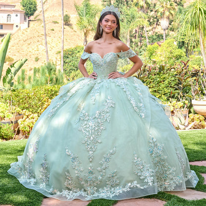 Off Shoulder V Neckline Corset Bodice Cascading Waist Ruffles Train Gown With Detachable Back Bow