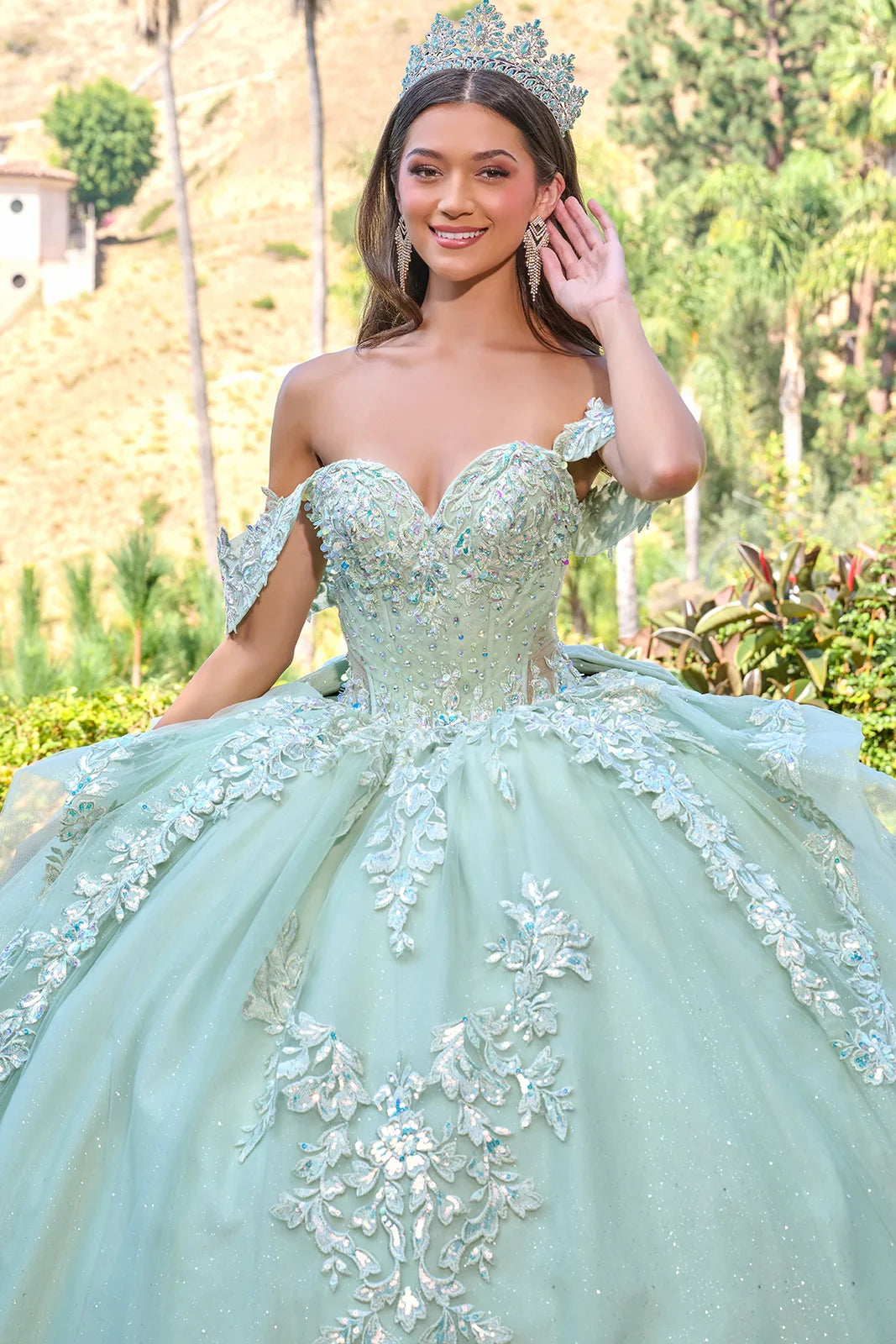Off Shoulder V Neckline Corset Bodice Cascading Waist Ruffles Train Gown With Detachable Back Bow