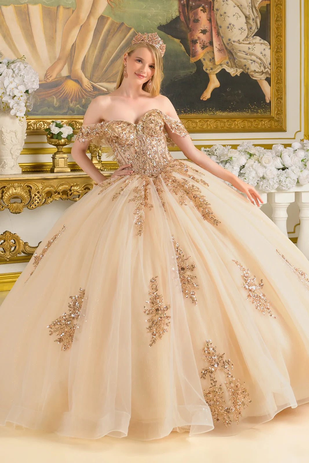 Off Shoulder Corset Bodice With Bejeweled Grommets Train Gown With Detachable Back Bow