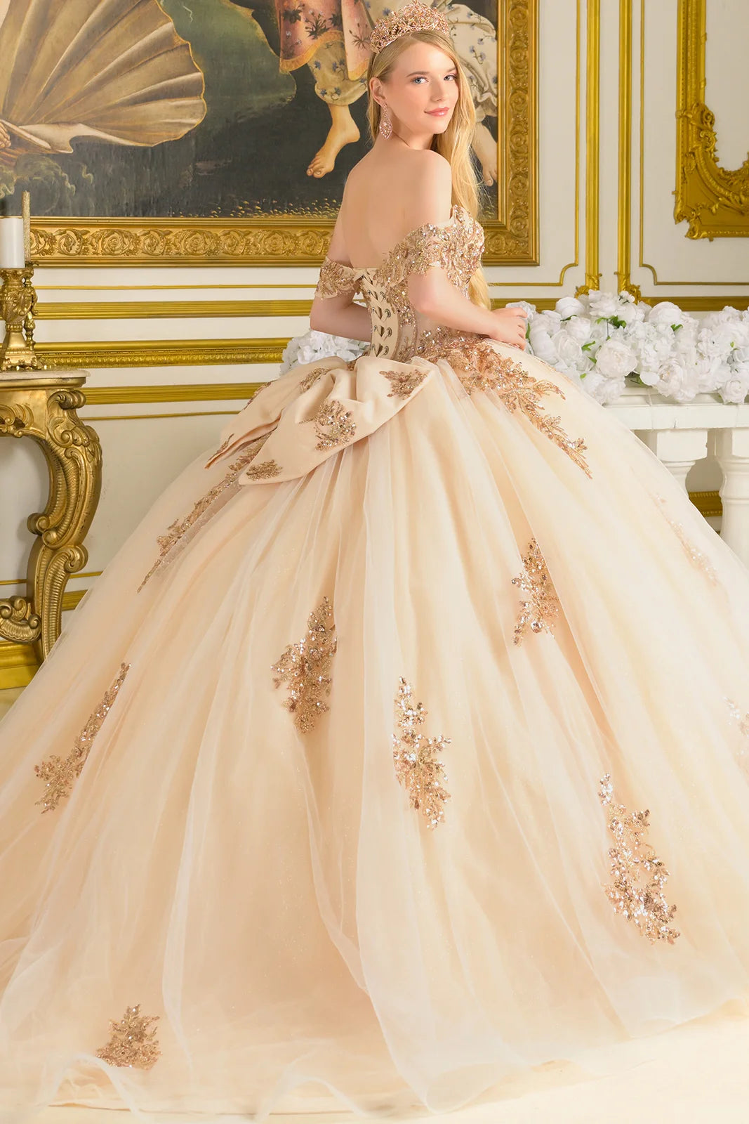 Off Shoulder Corset Bodice With Bejeweled Grommets Train Gown With Detachable Back Bow
