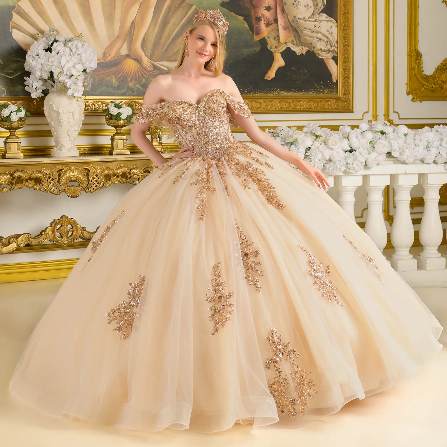 Off Shoulder Corset Bodice With Bejeweled Grommets Train Gown With Detachable Back Bow