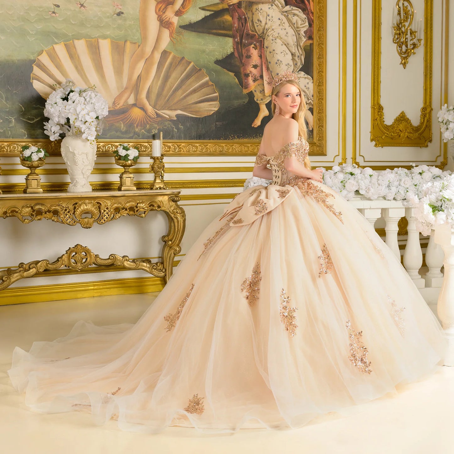 Off Shoulder Corset Bodice With Bejeweled Grommets Train Gown With Detachable Back Bow