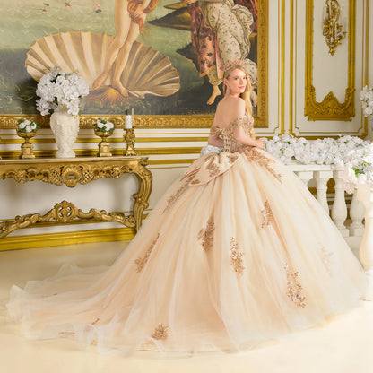 Off Shoulder Corset Bodice With Bejeweled Grommets Train Gown With Detachable Back Bow