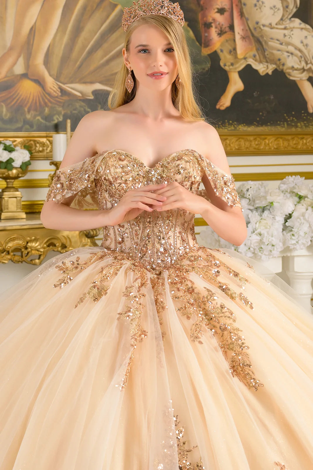 Off Shoulder Corset Bodice With Bejeweled Grommets Train Gown With Detachable Back Bow