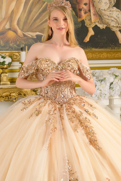 Off Shoulder Corset Bodice With Bejeweled Grommets Train Gown With Detachable Back Bow