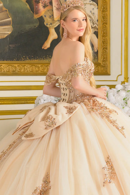 Off Shoulder Corset Bodice With Bejeweled Grommets Train Gown With Detachable Back Bow