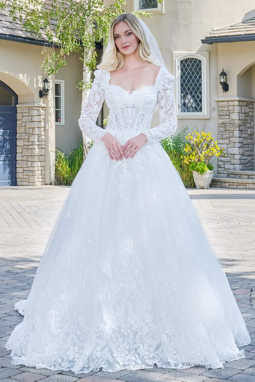 Wedding Dress With V-Neck And Corset Bodice With Long Transparent Sleeves