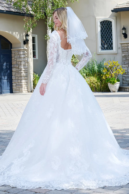 Wedding Dress With V-Neck And Corset Bodice With Long Transparent Sleeves