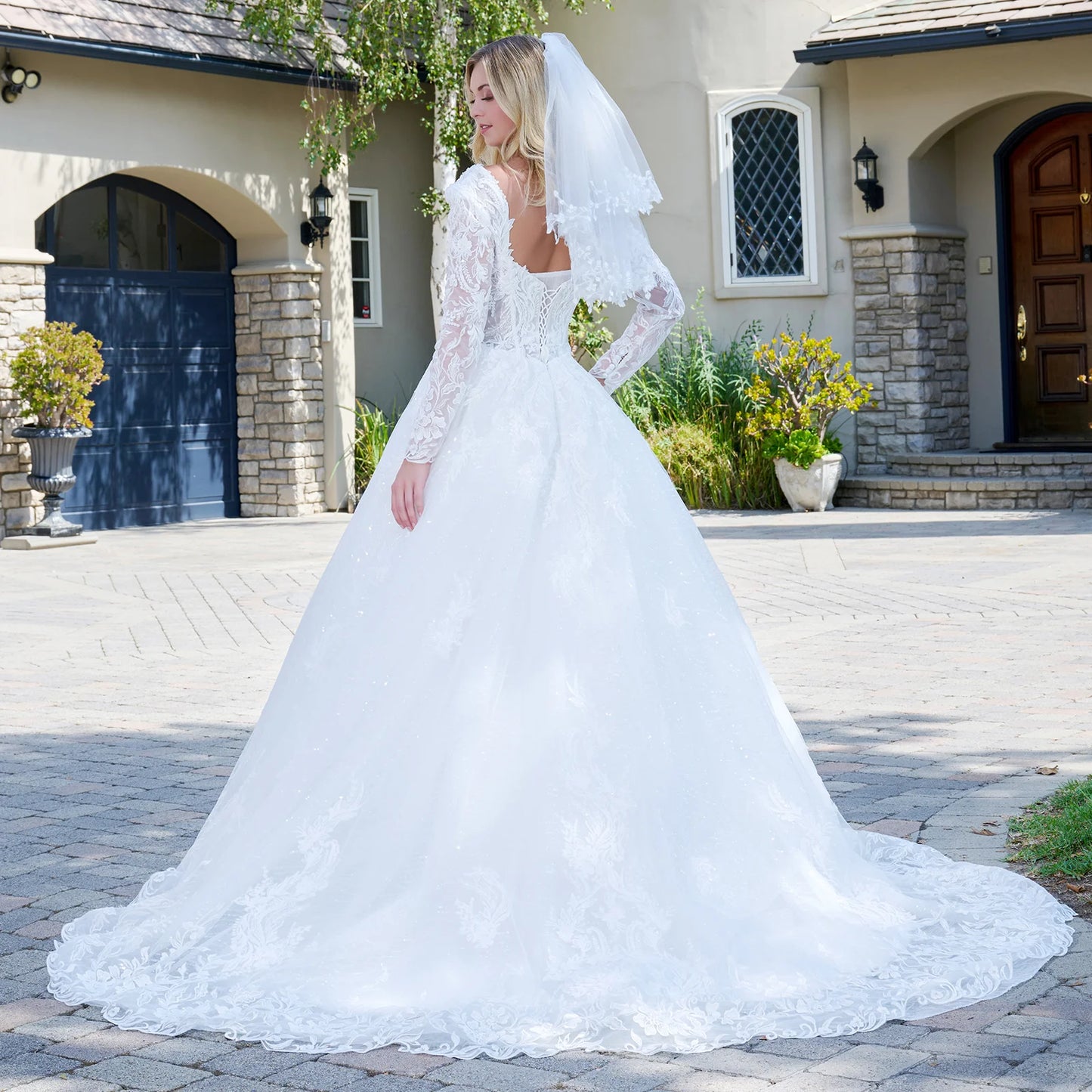 Wedding Dress With V-Neck And Corset Bodice With Long Transparent Sleeves