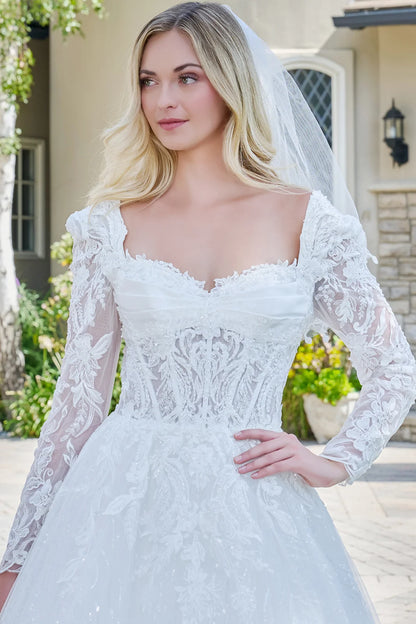 Wedding Dress With V-Neck And Corset Bodice With Long Transparent Sleeves M / Off White