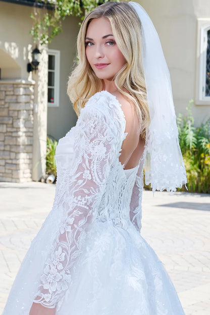 Wedding Dress With V-Neck And Corset Bodice With Long Transparent Sleeves