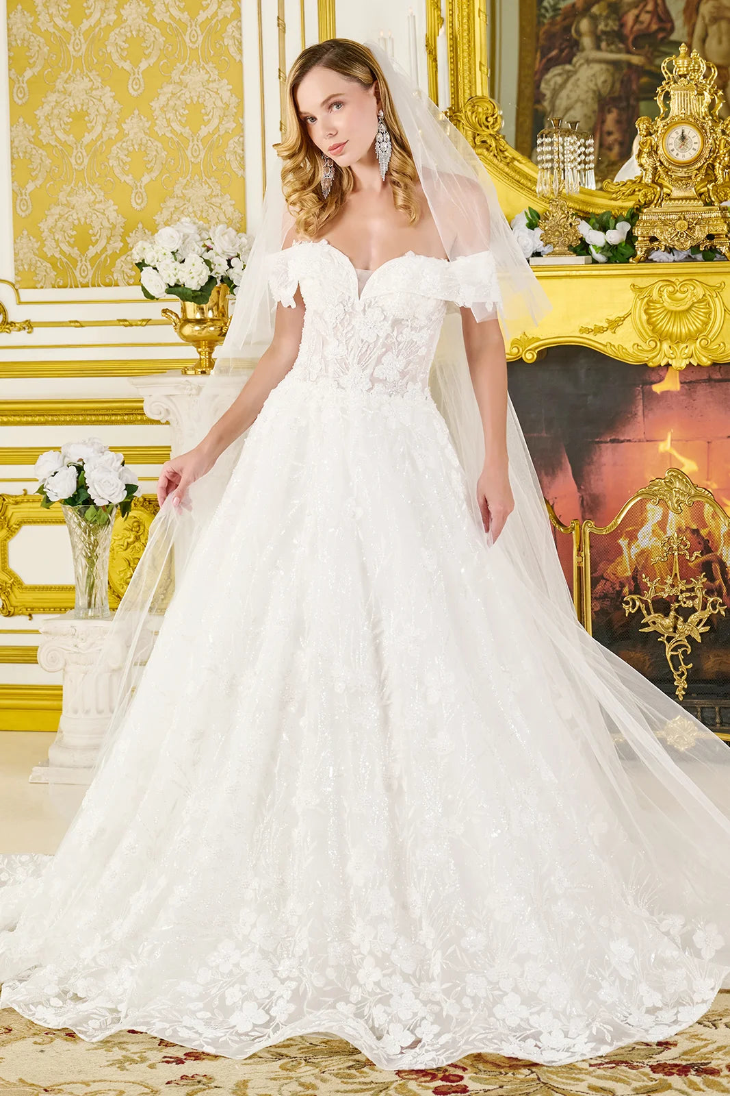 Wedding Dress Fold-Over Off-The-Shoulder Sleeves And V-Neckline